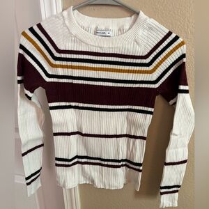 Women's Striped Crew Neck Sweater - White, Burgundy, and Gold